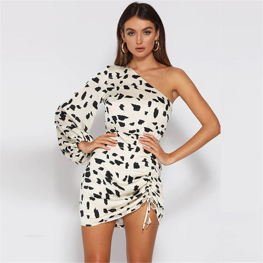 Women's Clothing Socialite Cows Pattern Skirt Slim - fit Oblique Shoulder Dress - Sophinity