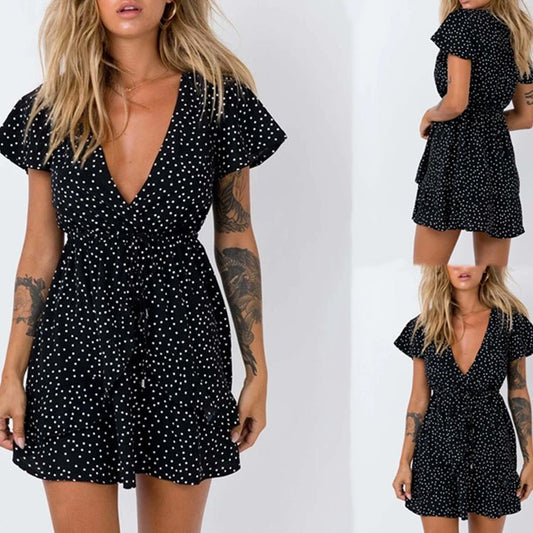V - neck Polka Dot Waist Slimming Dress - Sophinity