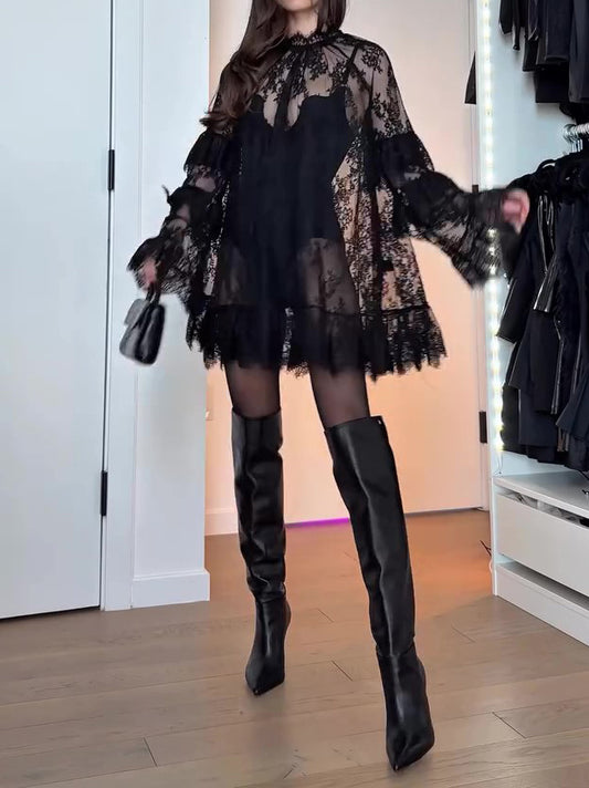 Sheer Lace Long Sleeve Dress - Sophinity