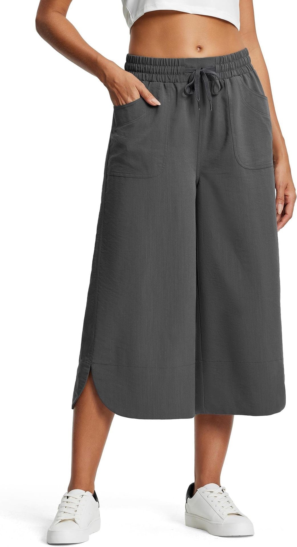 Summer Elastic Waist Solid Color Wide Leg Loose Casual Cropped Pants For Women - Sophinity