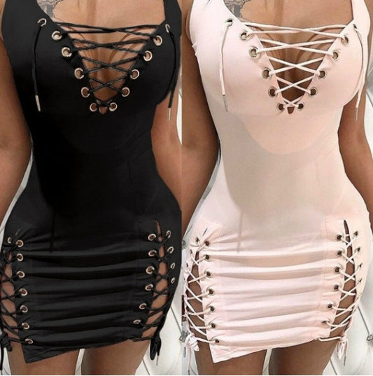 European And American Women's Clothing Solid Color Deep V-neck Slim-fit Lace Up Dress