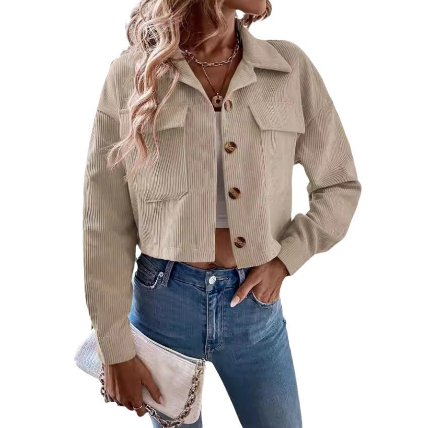 Women's Fashion Short Corduroy Button Jacket Casual Short Coat - Sophinity