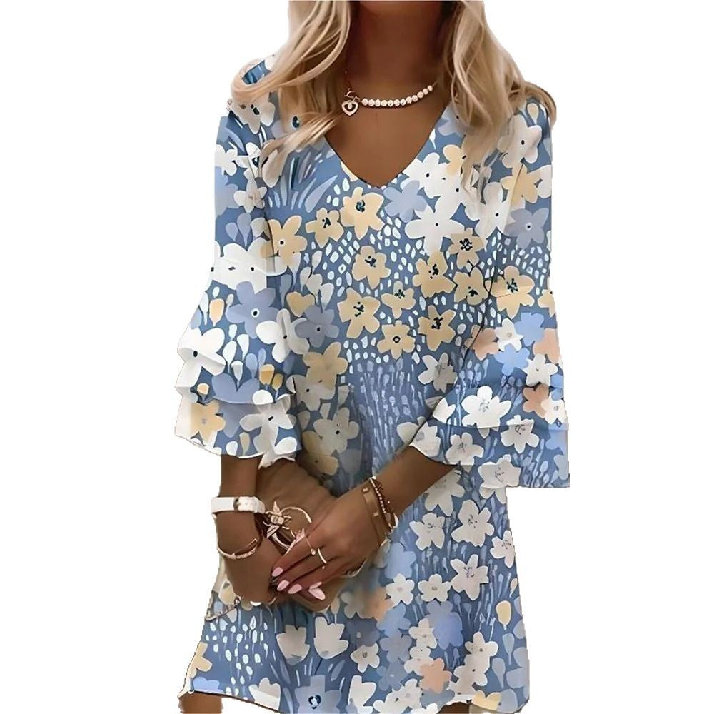 Summer Flared Sleeves V-neck 3D Digital Printing Midi Dress - Sophinity