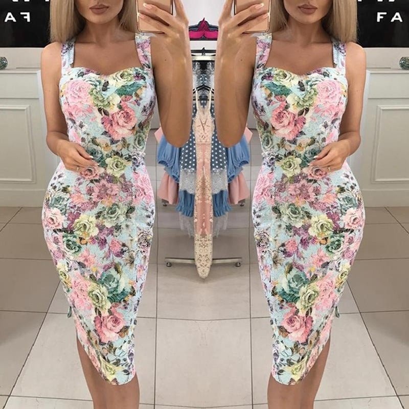 Slim Slimming Sling Print Mid - Length Dress - Sophinity