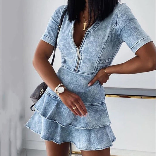 Short sleeve V - neck denim dress - Sophinity
