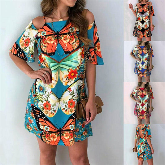 Butterfly print dress with short sleeves - Sophinity