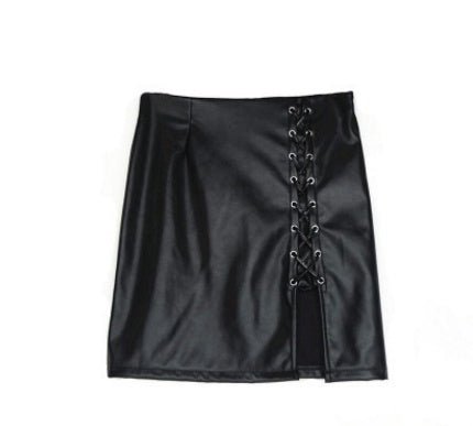 Black Lace Up PU Leather Skirts - Sophinity