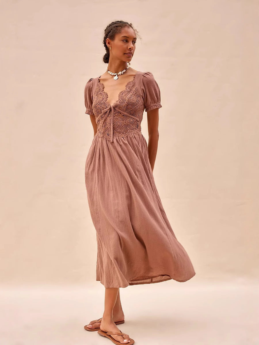 V-neck Lace Short Sleeved Pure Cotton Dress - Sophinity