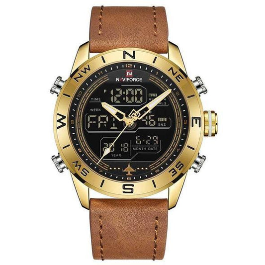 NAVIFORCE 9144 Fashion Gold Men Sport Watches Mens LED Analog Digital Watch Army Military Leather Quartz Watch Relogio Masculino - Sophinity