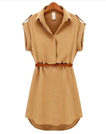 Casual Summer Style Dress Women Casual V - neck Short - Sleeved Shirt Loose Chiffon Mini Dress with Belt - Sophinity