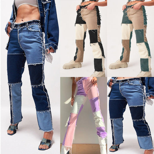 High Elastic Stitching Raw Edge Women's Straight - leg Jeans - Sophinity