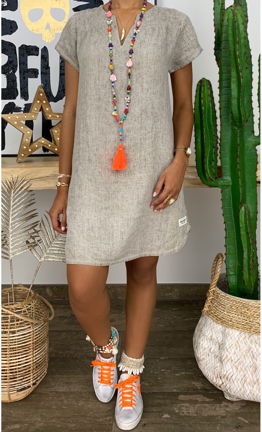 Summer Loose Solid Color Short Sleeved V Neck Cotton And Linen Dress Women - Sophinity