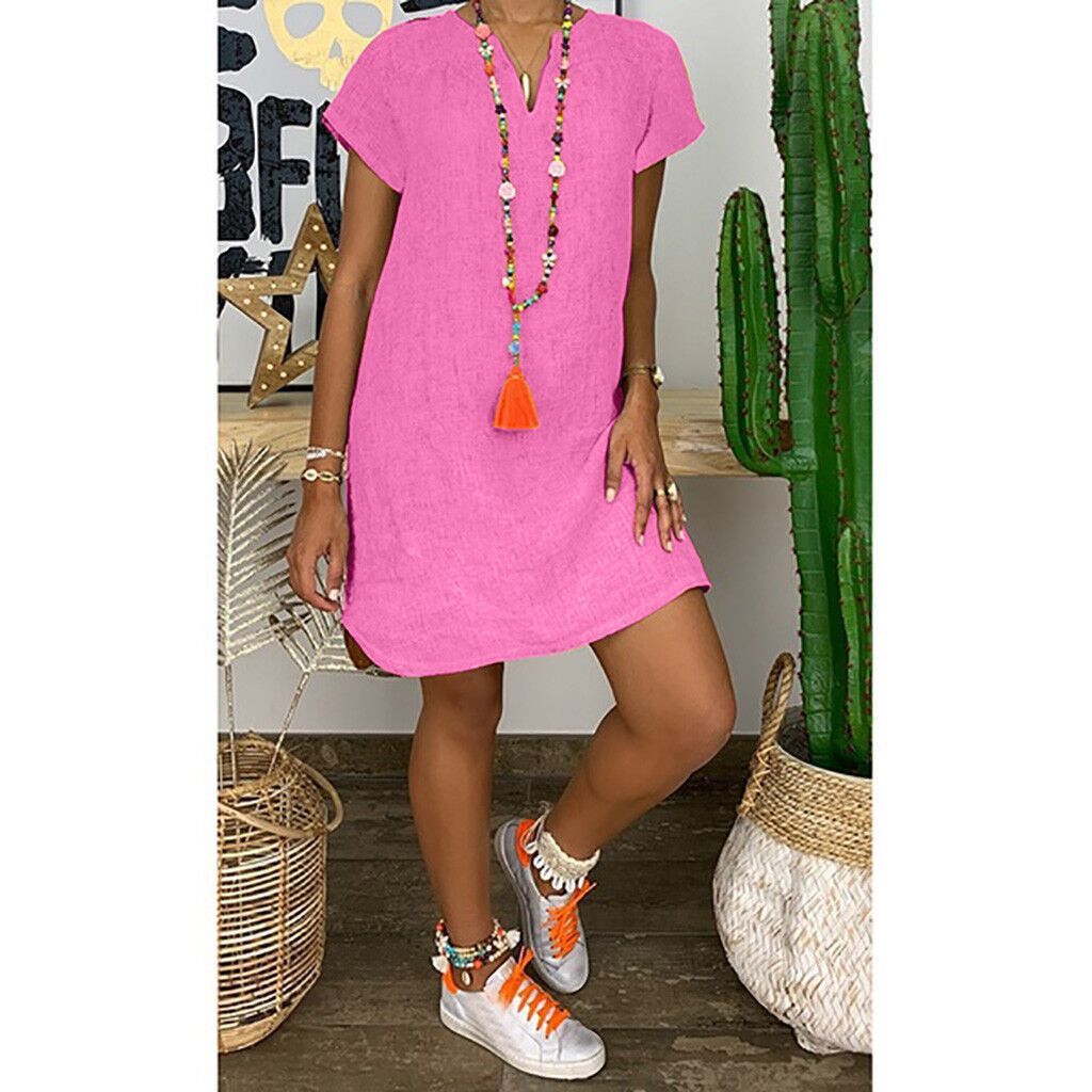 Summer Loose Solid Color Short Sleeved V Neck Cotton And Linen Dress Women - Sophinity