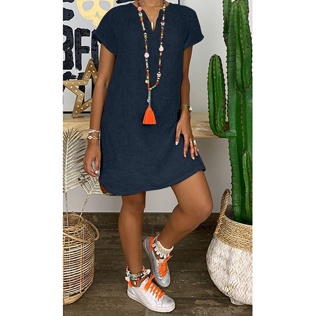 Summer Loose Solid Color Short Sleeved V Neck Cotton And Linen Dress Women - Sophinity
