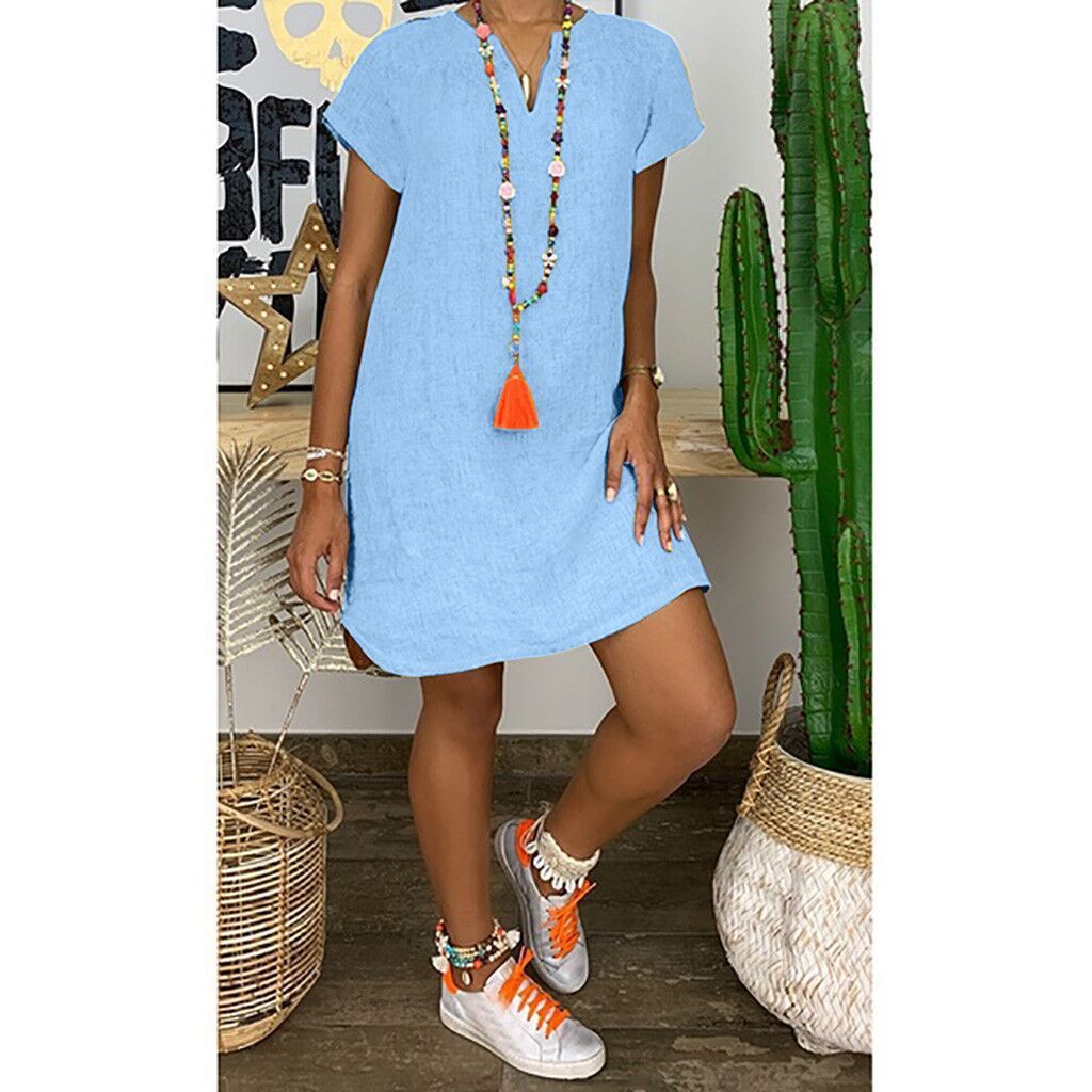 Summer Loose Solid Color Short Sleeved V Neck Cotton And Linen Dress Women - Sophinity