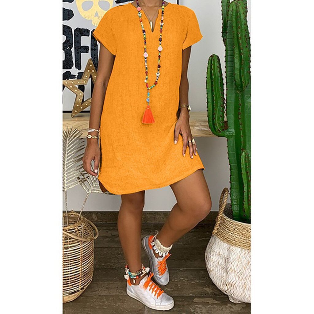 Summer Loose Solid Color Short Sleeved V Neck Cotton And Linen Dress Women - Sophinity