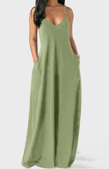Women's Solid Color Sexy Deep V Suspender Long Dress - Sophinity