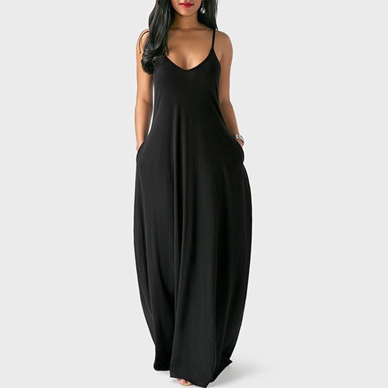 Women's Solid Color Sexy Deep V Suspender Long Dress - Sophinity