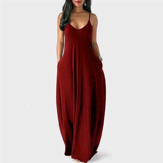 Women's Solid Color Sexy Deep V Suspender Long Dress - Sophinity