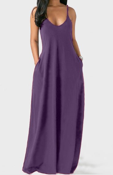 Women's Solid Color Sexy Deep V Suspender Long Dress - Sophinity