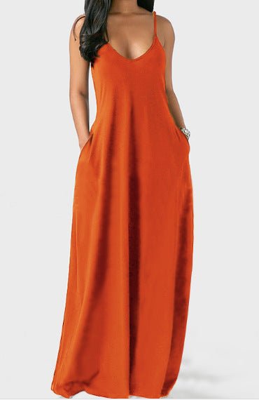 Women's Solid Color Sexy Deep V Suspender Long Dress - Sophinity