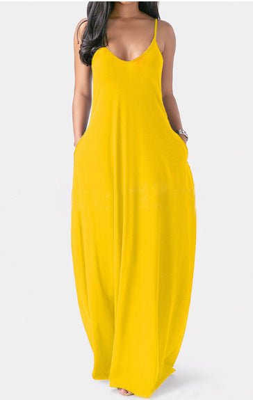 Women's Solid Color Sexy Deep V Suspender Long Dress - Sophinity