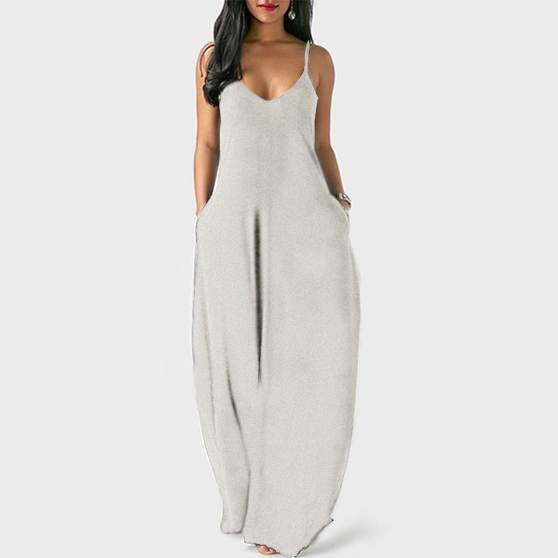 Women's Solid Color Sexy Deep V Suspender Long Dress - Sophinity