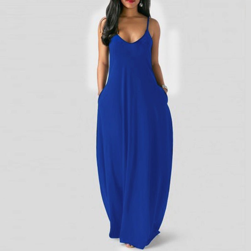 Women's Solid Color Sexy Deep V Suspender Long Dress - Sophinity