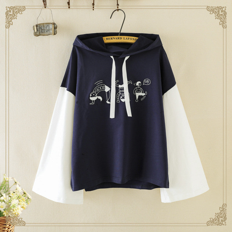 Merry Pretty Women Cartoon Embroidery Hooded Sweatshirts Winter Long Sleeve Drawstring Patchwork Hoodies Femme Pullovers - Sophinity