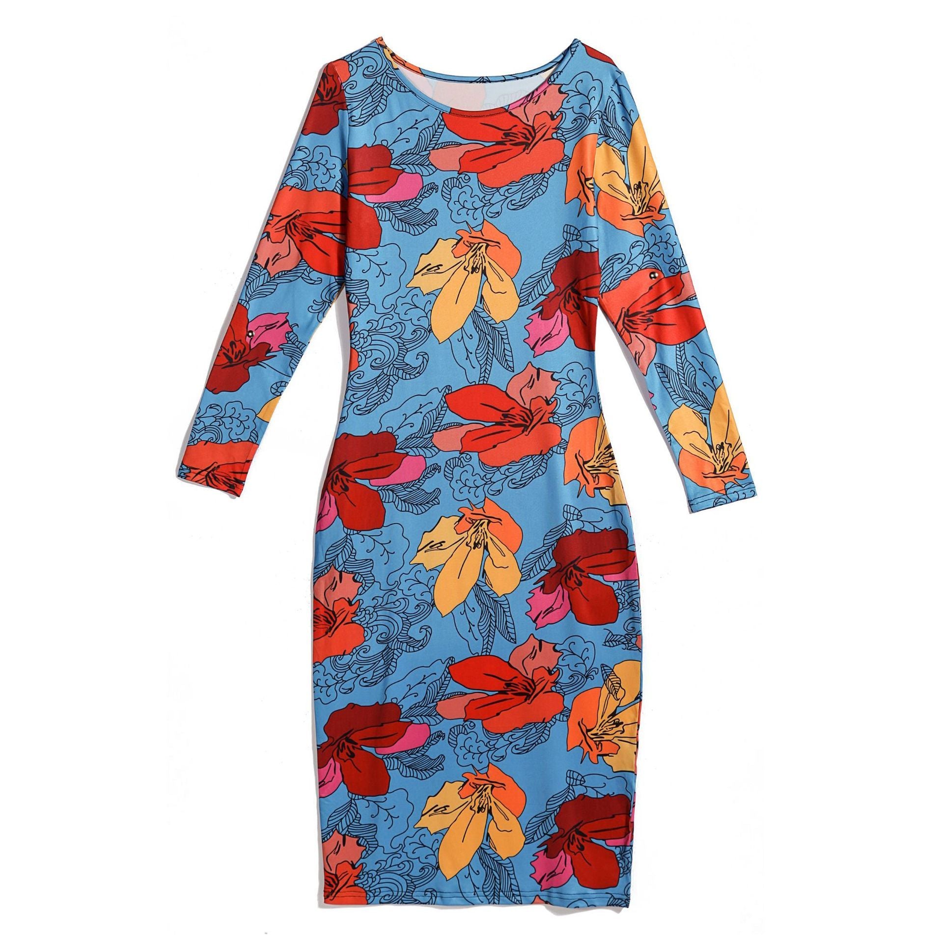 Cross - Border Hot Money Supply European And American Summer Fashion New Products Sexy Bag Hip Female Dress Full - Print Round Neck Long - Sleeved Shirt - Sophinity