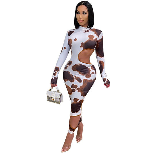 Weird Puss Hollow Out Women Irregular Hole Maxi Dresses Skinny Full Sleeve Skinny o - Neck Activewear Party Prom Club Street Style - Sophinity