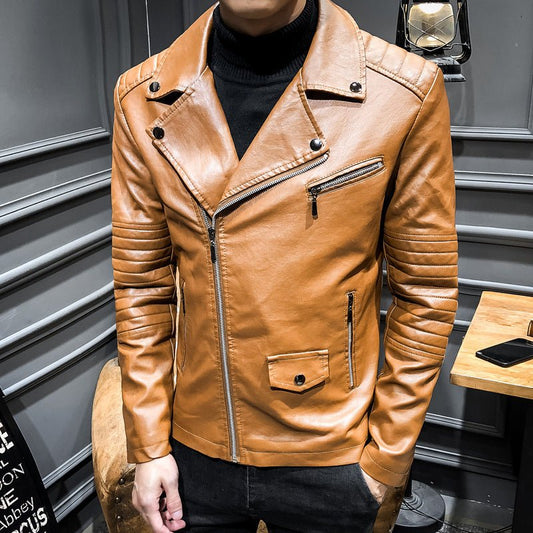 Men's Leather Slim PU Leather Jacket Lapel Jacket - Sophinity