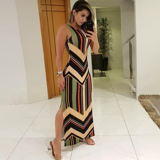 Colorful Striped Print Side Slit Maxi Dress Women Colorblock Sleeveless Slim Long Dresses - Sophinity
