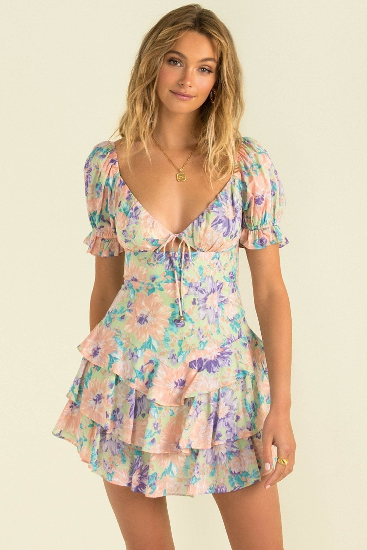 Printed Waist Slimming Lace Up Short Sleeved Dress Women's Clothing