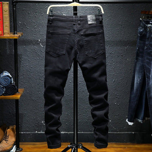 Spring And Summer New Jeans Pure Black Ripped Stretch Jeans Men Black Jeans Men - Sophinity