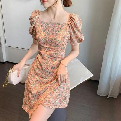 Summer new style French puff sleeve square neck floral dress with waist and thin irregular skirt women - Sophinity