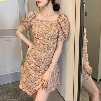 Summer new style French puff sleeve square neck floral dress with waist and thin irregular skirt women - Sophinity