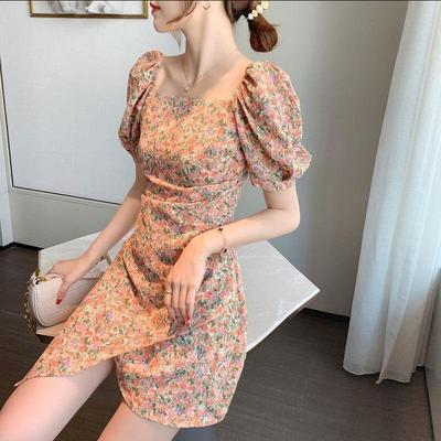 Summer new style French puff sleeve square neck floral dress with waist and thin irregular skirt women - Sophinity