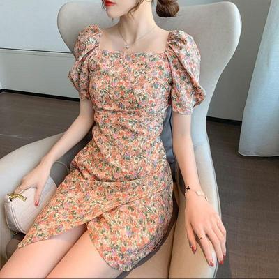 Summer new style French puff sleeve square neck floral dress with waist and thin irregular skirt women - Sophinity