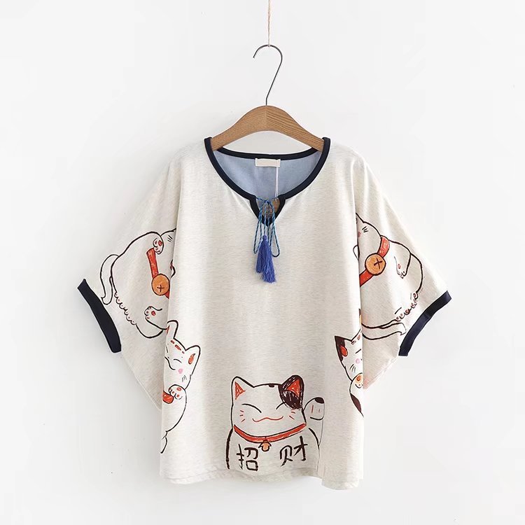 Women Cartoon Lucky Cat Print Japan Style Harajuku T Shirts - Sophinity