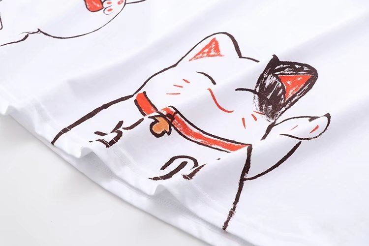 Women Cartoon Lucky Cat Print Japan Style Harajuku T Shirts - Sophinity