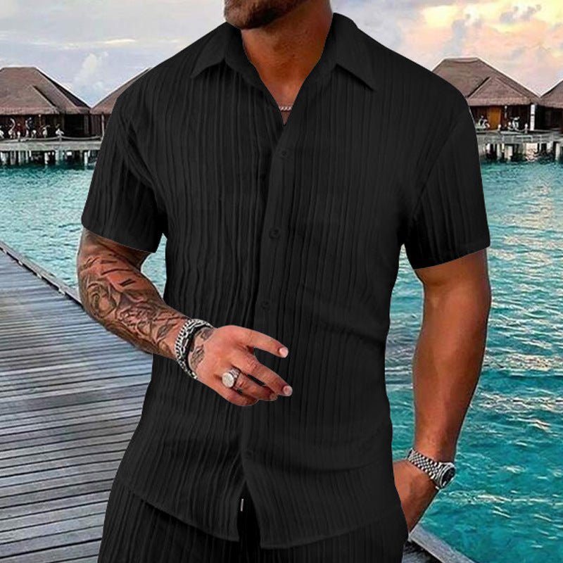 Polo Collar Solid Color Short Sleeve Button Men's Casual Loose Short Sleeves Shirt - Sophinity