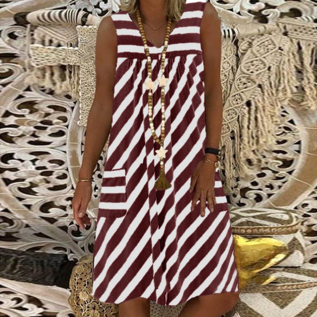 Women's Plus Size Pocket Summer Round Neck Sleeveless Striped Dress - Sophinity