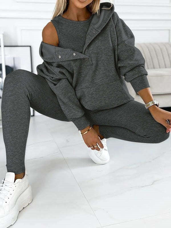 Athleisure Hoodie With Thick Thread Slim-fit Vest Pants Three Pieces Set - Sophinity