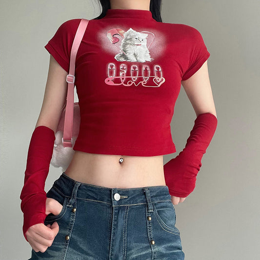 Cat Printing Cropped T-shirt Street Style