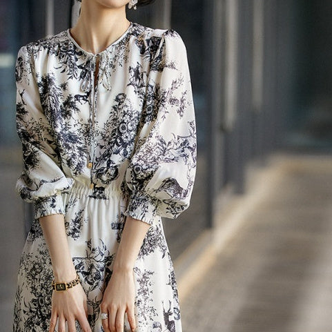 Elastic Heavy Crepe Silk Lantern Sleeve Dress - Sophinity
