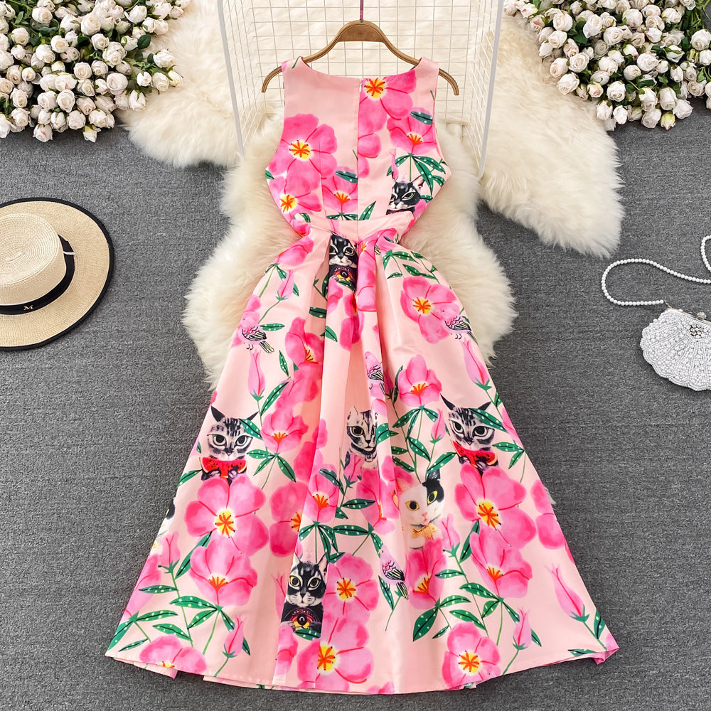 Retro Affordable Luxury Temperament Crew Neck Waist Slimming Printed Sleeveless A- Line Dress - Sophinity