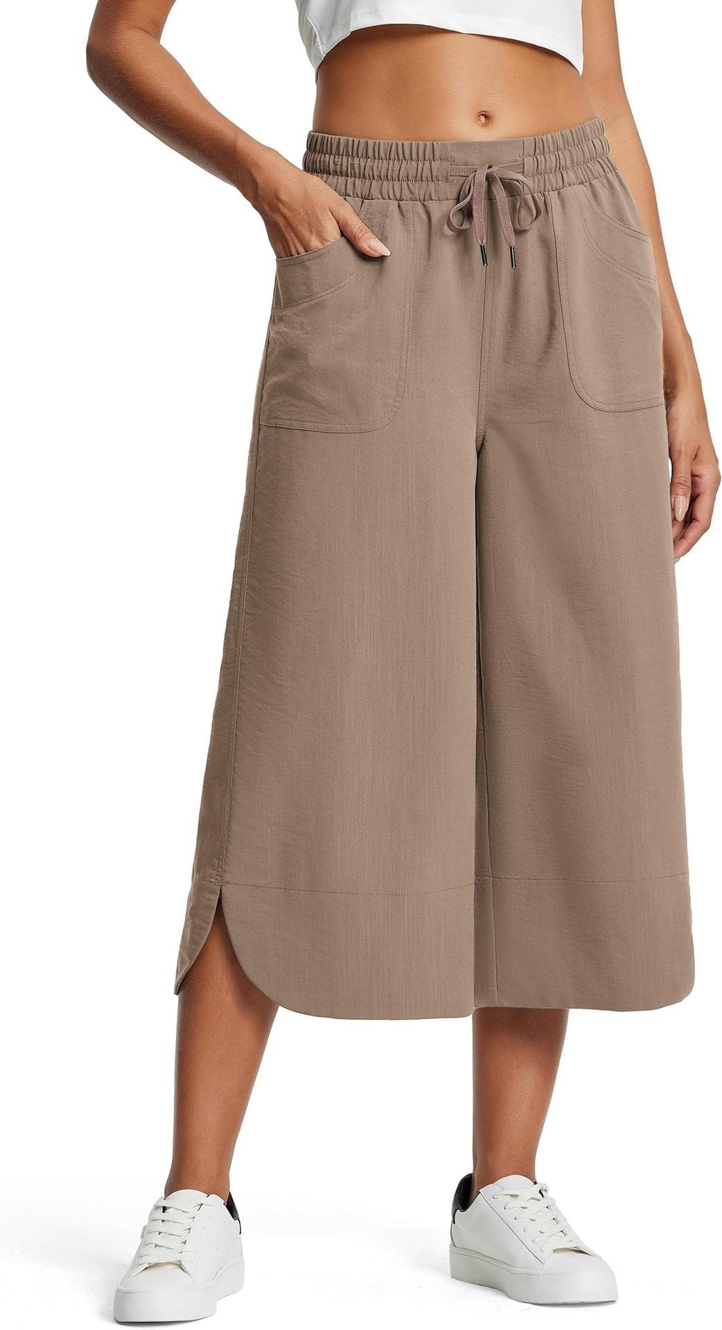 Summer Elastic Waist Solid Color Wide Leg Loose Casual Cropped Pants For Women - Sophinity