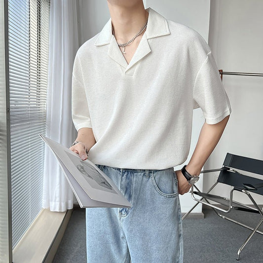 Ins Springsummer Plain Short Sleeve Polo Knitted Loose Drop - shoulder Sleeve Half Sleeve - Sophinity