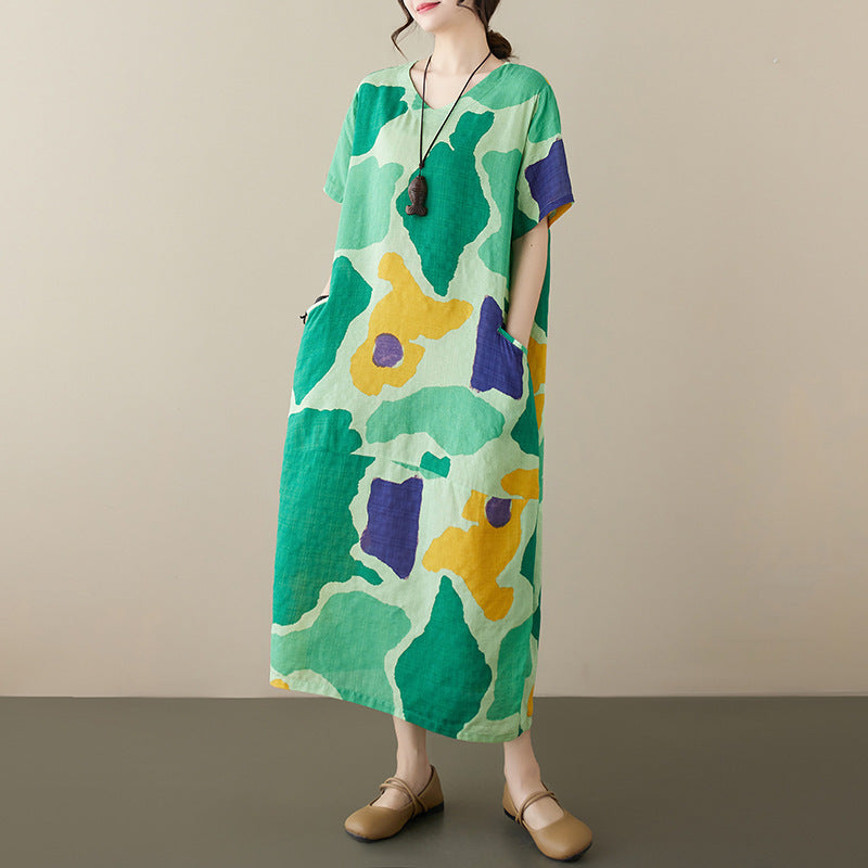 Plus Size Cotton And Linen Dress Abstract Printing Short Sleeve Loose - Sophinity